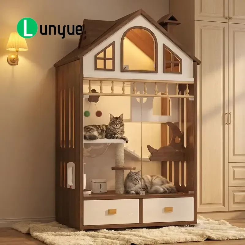 Modern Light Luxury 3-Tier Solid Wood Cat Villa Breathable Indoor Pet House Closed Cage Customizable Size for All Seasons