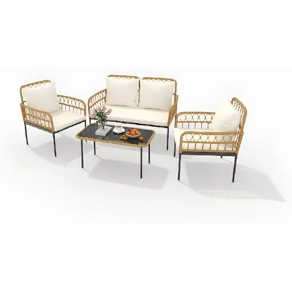 

4-Piece All-Weather Rattan Bistro Patio Furniture Set with Deep Seating, Waterproof Thick Cushions, Soft Cushions, and Metal Cof