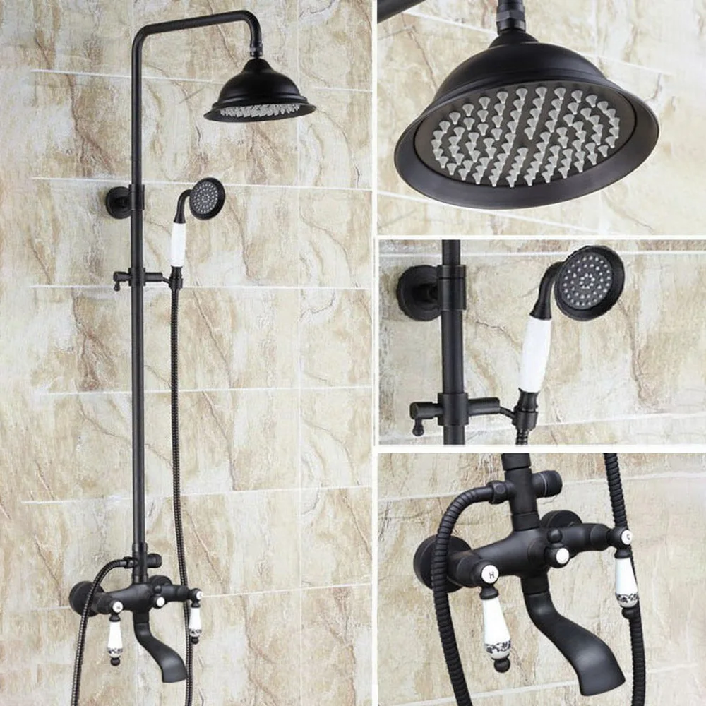 

Black Oil Rubbed Brass Wall Mounted Rain Shower Faucet Set Tub Mixer Tap Ceramic Handle Hand Shower Nhg124