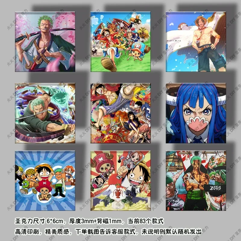 Populaire Anime One Piece Acryl Koelkast Sticker Luffy ZORO Nami Vierkant 6 cm Magnetische Decoratieve Sticker verjaardagscadeau