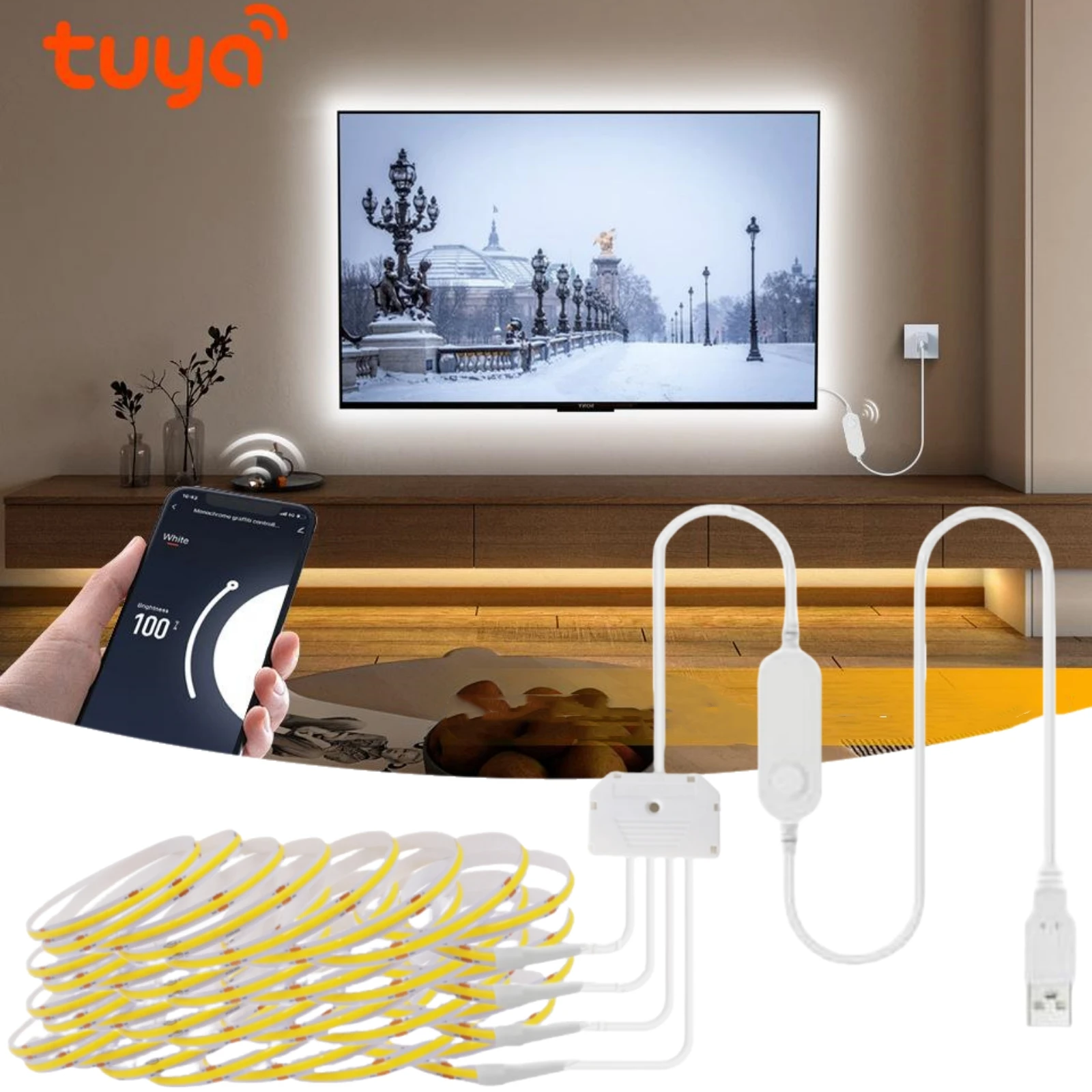 Imagem -02 - Tuya Smart Life Wi-fi Led Strip Lights Cob Tape Ribbon 320leds m Regulável Ra90 Iluminação Trabalho com Alexa Google Home Usb 5v