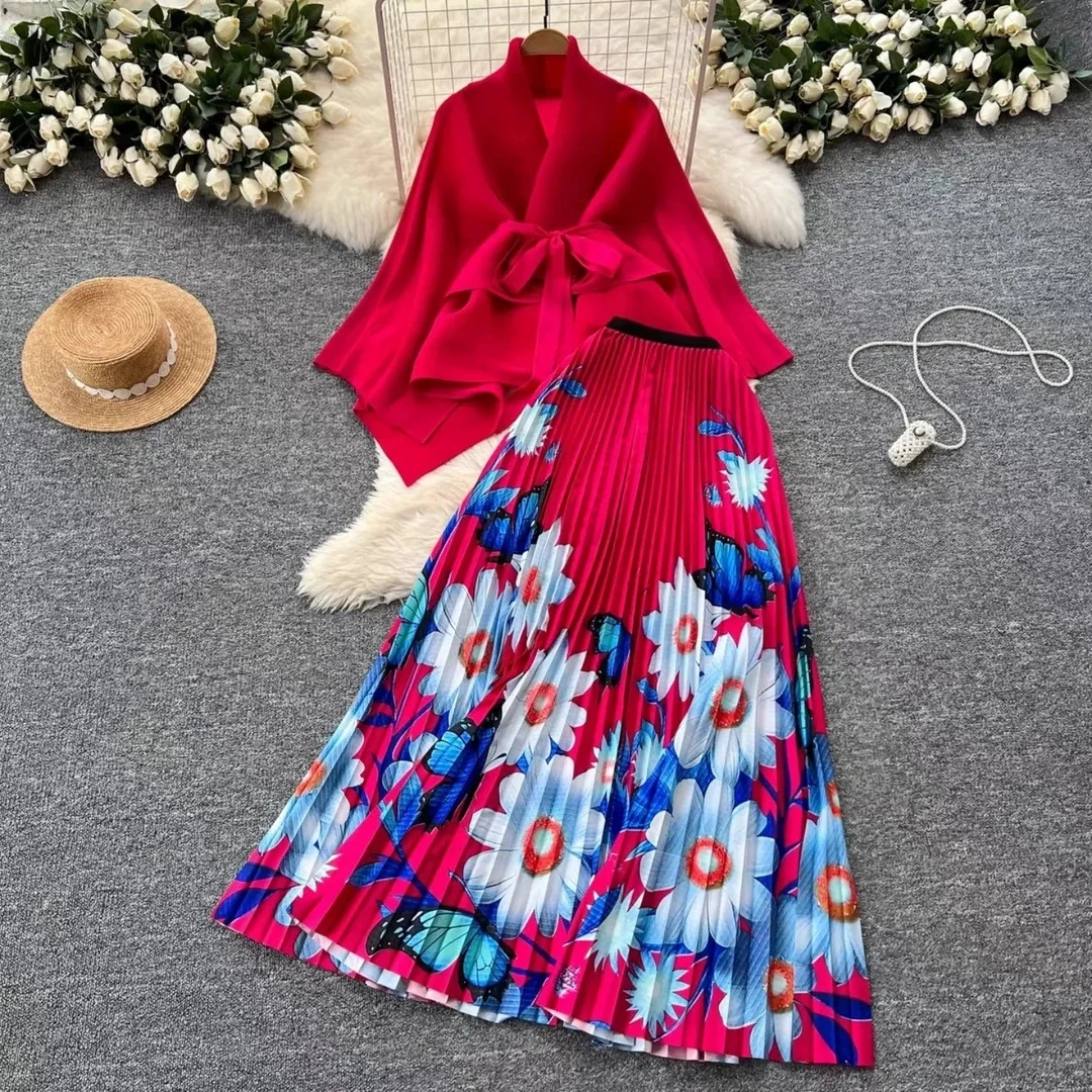 Naher Osten plus Größe Damen High-End zweiteiliger Rock Faltenstrickjacke bedruckter Rock Mode Faltenrock-GZXX1024