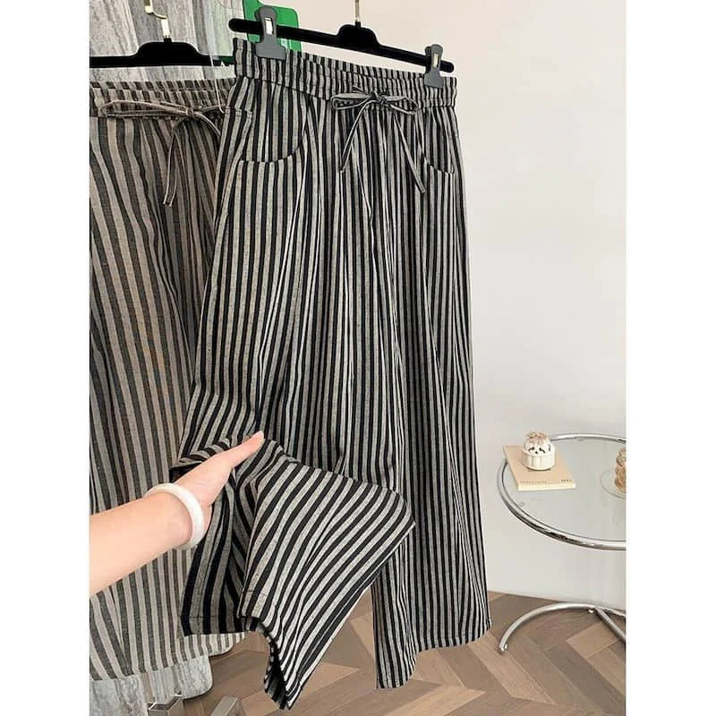 

Брюки-карго в японском стиле, полосатые хлопковые льняные брюки-фонарики, летние свободные прямые брюки с тонкой эластичной резинкой на талии