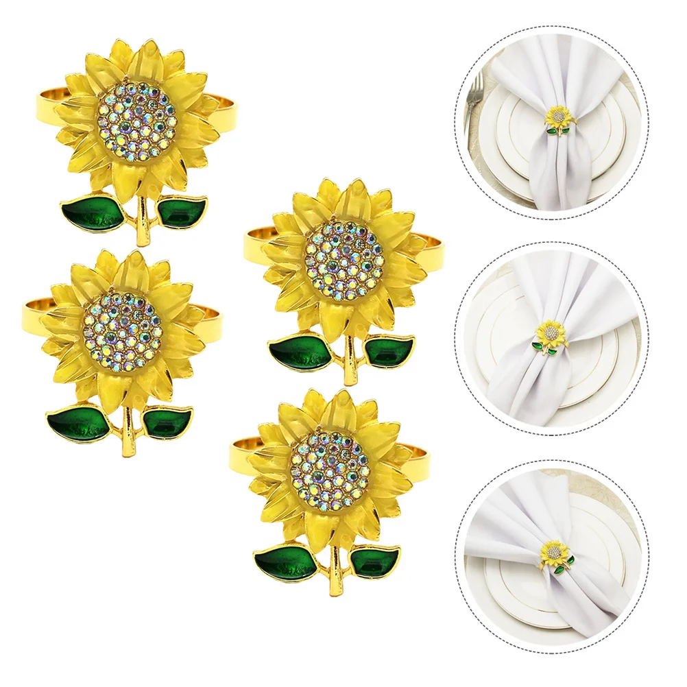 

4pcs Alloy Napkin Rings Sunflower Shaped Design Assorted Colors Party Wedding Christmas Decor Napkin Holders Tableware