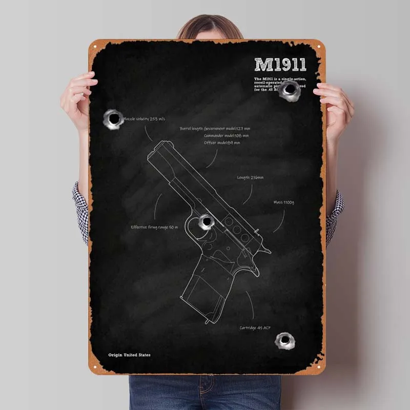 M1911 Pistol Gun Blueprint Customizable Metal Sign Poster Art Mural Retro Tinplate Sign for Bar Wall Art Decoration House Decor