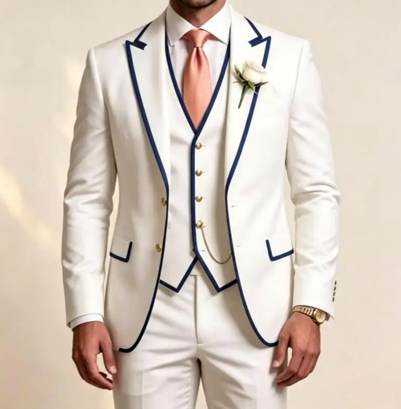 Men White 3 Piece Suits Colorful Piping Trim Jacket Vest Pants Sets Formal Wedding Groom Tuxedo Prom Party Business Blazer Suits