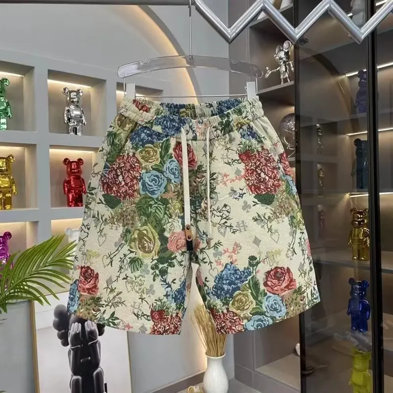 Colorful Floral Men's Shorts 2025 New Butterfly Jacquard Mid-Waist Casual Pants Trendy Brand Vintage Casual Sports Beach Trouser