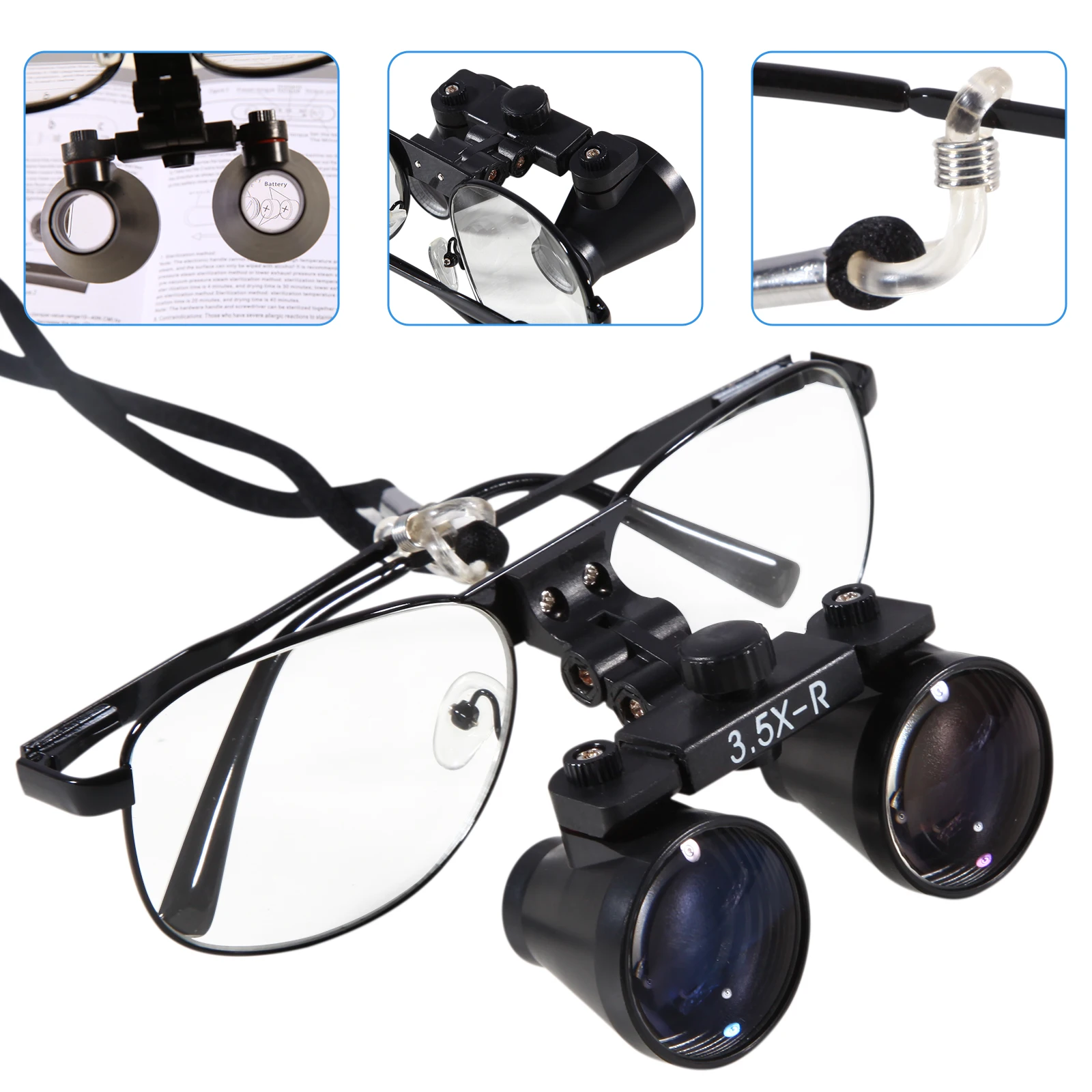 Dental Equipment Loupe Magnifier Medical Surgery Loupes 3.5X Binocular + LED Head Light Lamp Power Supply Battery Silver