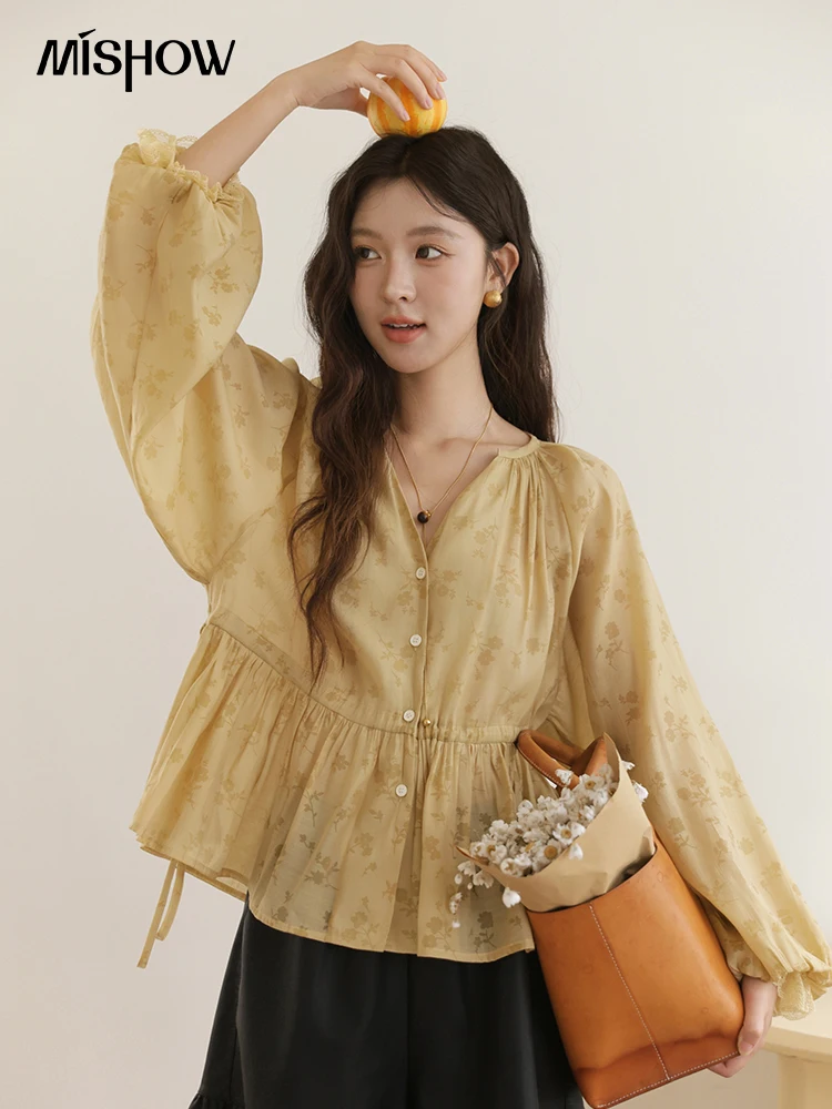 

MISHOW Elegant Woman Shirt 2025 Autumn Yellow Printing Lantern Sleeves Shirt Commute Drawstring Waist Lace Trim Top MXE45X2499