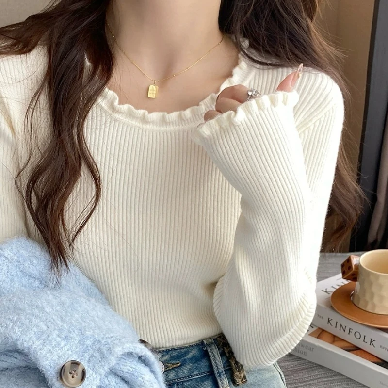 

2025 Autumn Winter O-Neck Knitted Pullovers Women Long Sleeve Soft Tops Casual Versatile Ruched Sweater Slim Base Layer Shirt