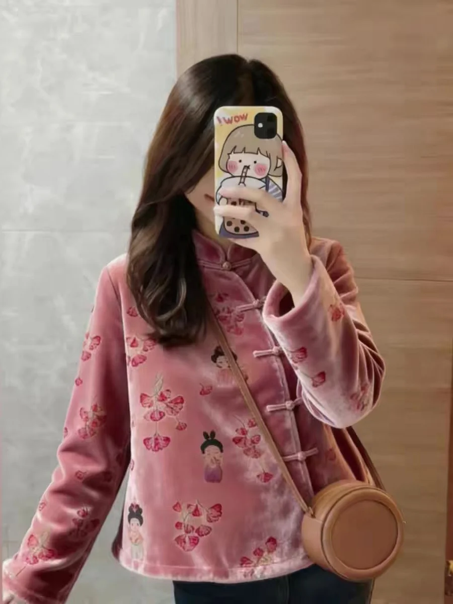 

Elegant Pink Floral Print Loose Outerwear Fashionable Versatile New Chinese Style Women's Shirt Comfortable Breathable Long S...