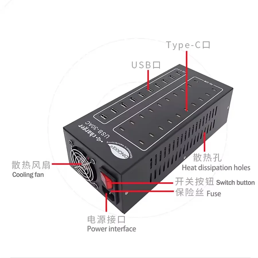 30 Ports USB Charging Station 10 USB-A + 20 USB-C Multi Device Desktop Charger Smart Distribution for Phone Farm Repair Shop