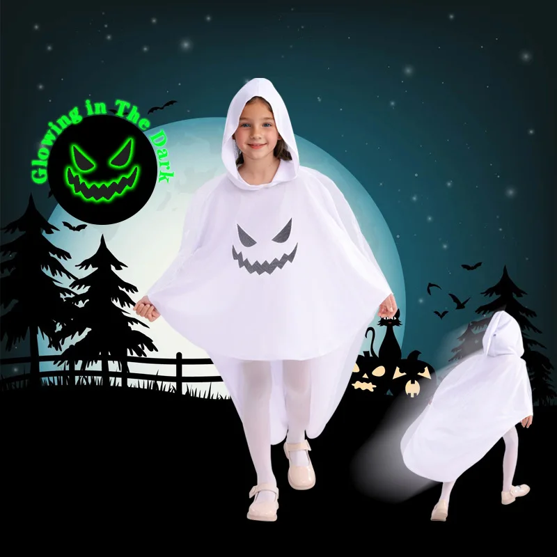 

Kids White Ghost Cloak Glowing Ghost Face Hooded Cape Boy Girl Top Cloak Horror Theme Party Dress Up Halloween Costume