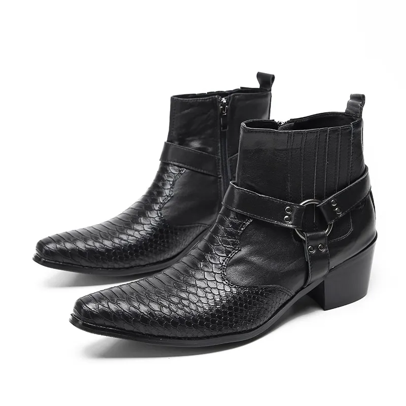 Italian Men Fashion Ankle Boots Black Genuine Leather High Heels Snake Skin Office Dress Party Man Boots Zipper Stage Mens Shoes