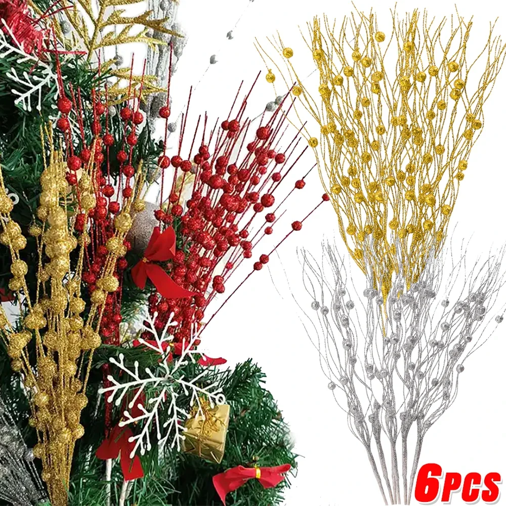 6/1Pcs Artificial Glitter Berry Stem Ornaments Fake Rattan Flower Branch DIY Garland Xmas Tree New Year Wedding Party Decoration