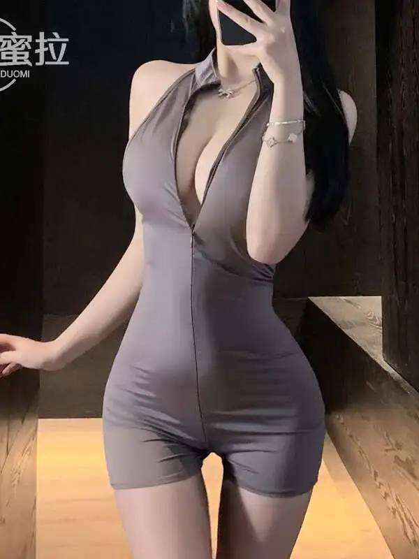 Sexy Schoolgirl Two-way Zipper Open Chest Crotch Bodysuits Deep V Suspenders Sleeveless Bodysuits Charming Thin Casual Hot 15T6
