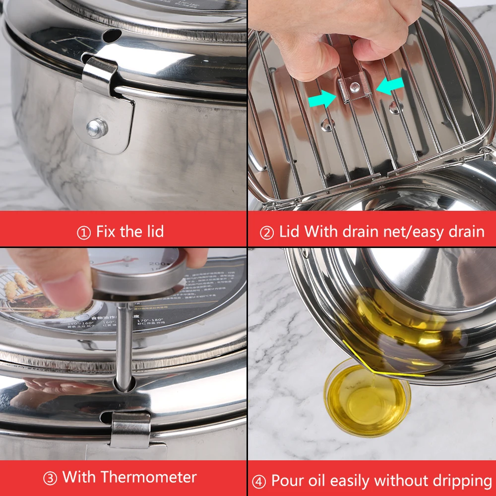 Cooking Tool 2 Handles Deep Frying Pot 304 Stainless Steel With Thermometer and Lid 2.2L Tempura Fryer Pan