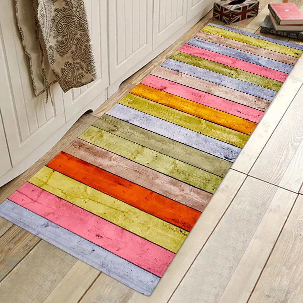Rainbow Color Wooden Panel Series Kitchen Rug Long Entrance Door Mat Bedroom Bathroom Foot Mat Non Slip Household Carpet
