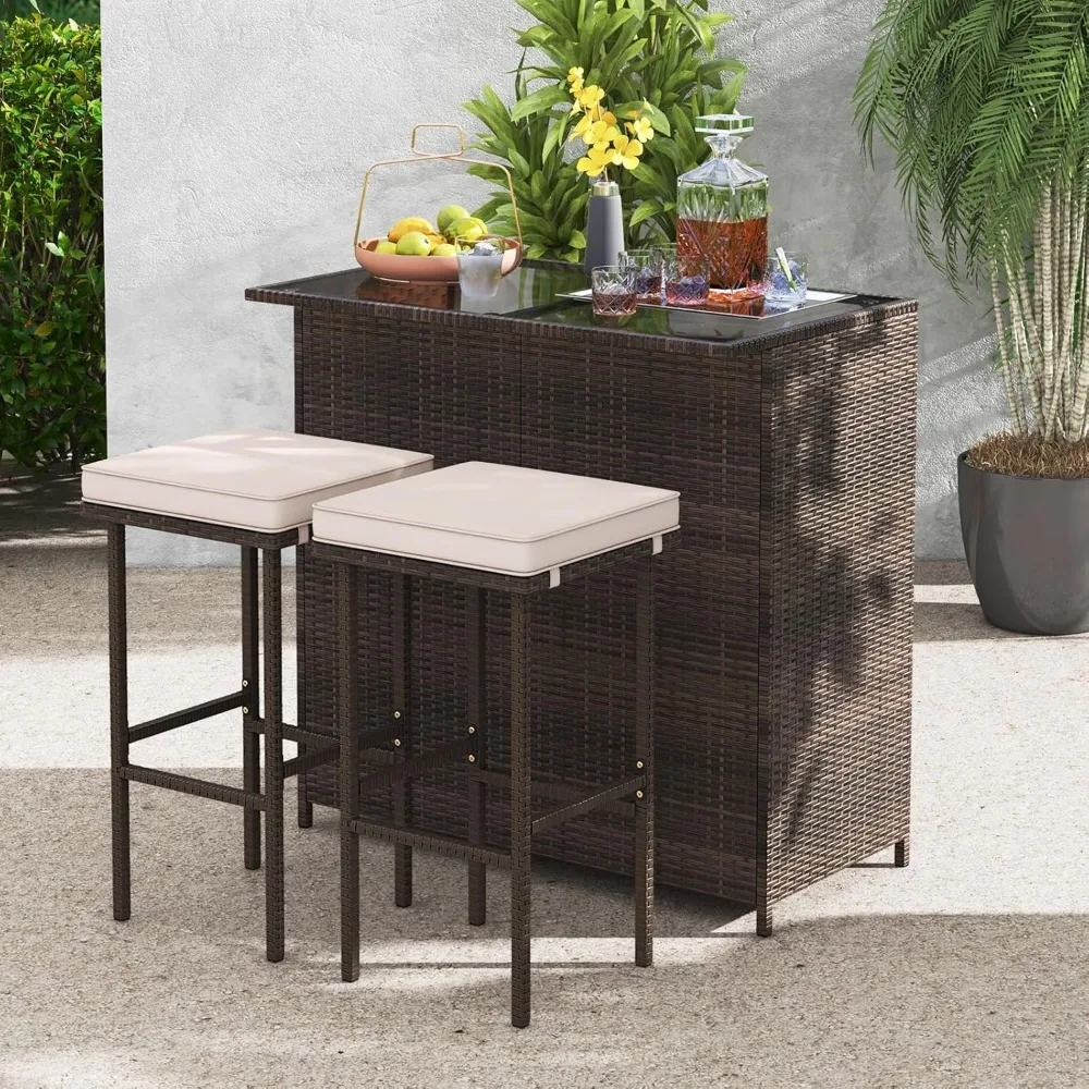 

3 Piece Patio Bar Set, Outdoor Rattan Bar Table and 2 Stools with Tempered Glass Tabletop, 2-Tier Storage, Removable Cushions,