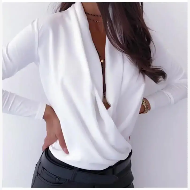 

Spring New Pure Color Deep V Long Sve Women's irt Ele Classy Faionable Casual Busin Office Ready Blouse Top
