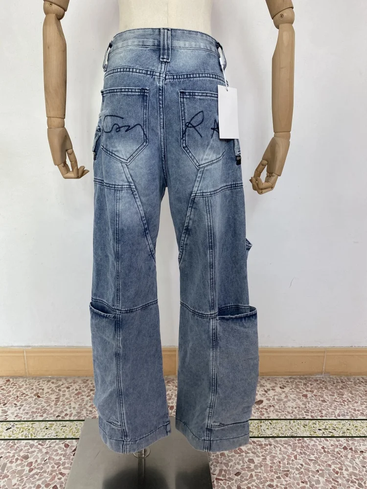 Women's Structural Splicing Vibe Blue Straight Denim Pants Unisex High Waist Jeans Vintage Bottoms Female Wide-leg Trousers
