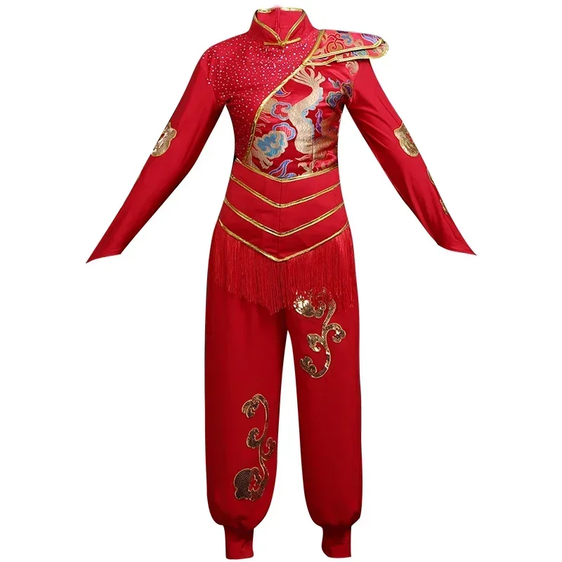 Tradycyjny chiński styl kostiumy z bębnem w talii narodowy kostium taneczny Yangko czerwona sukienka ludowa parasol taniec występ na scenie