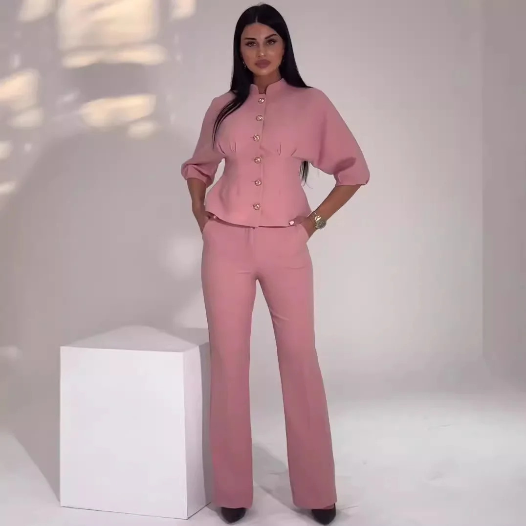 

American European Fashion Autumn Winter Women's Solid Color Casual Trendy 2 Piece Sets Breasted Long Sleeve Tops Wide Leg Pants