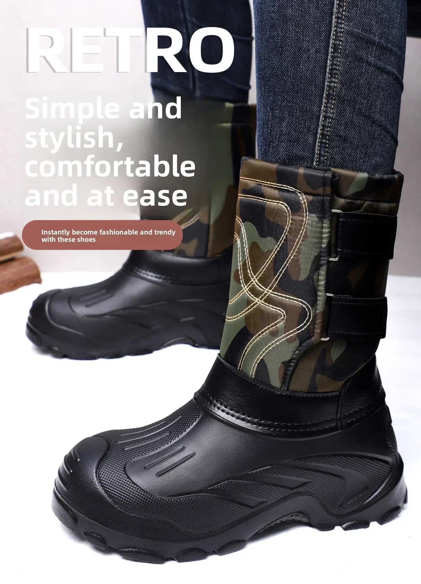Herren Winter-Schneestiefel mit mittlerer Schaftlänge, Camouflage-Motiv, Klettverschluss-Design, wasserdicht, rutschfeste Gummisohle, warme Outdoor-Stiefel – Detail 1