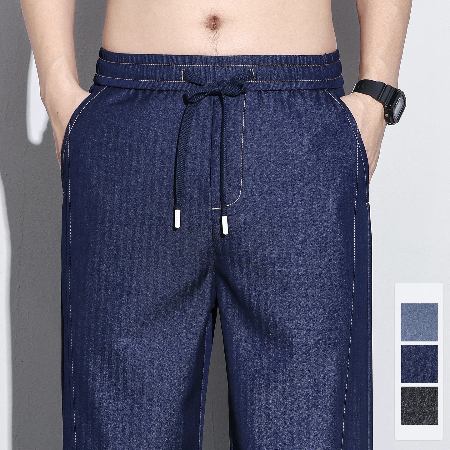 

High Quality Summer Thin Luxury Stripe Jeans Men Elastic Waist Breathe Straight Blue Y2K Harajuku Korea Trousers Male M-5XL