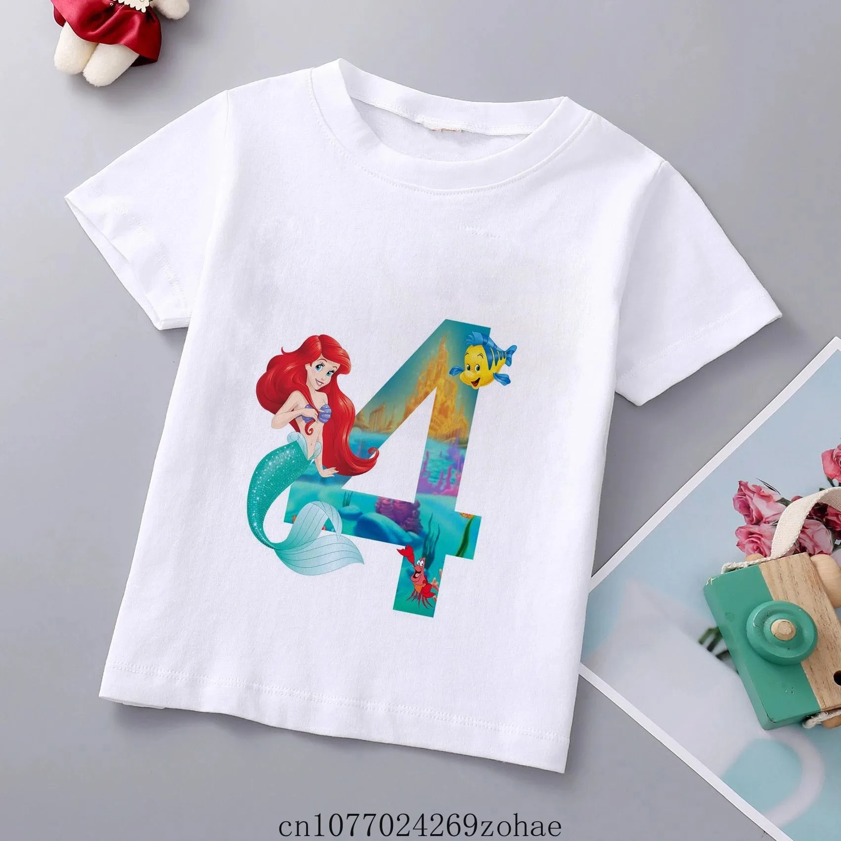 Disney New Brand Girls Mermaid Princess Print T Shirt Ariel Princess Tee Clothes Children Cartoon Top1-9Years Kids Birthday Wear