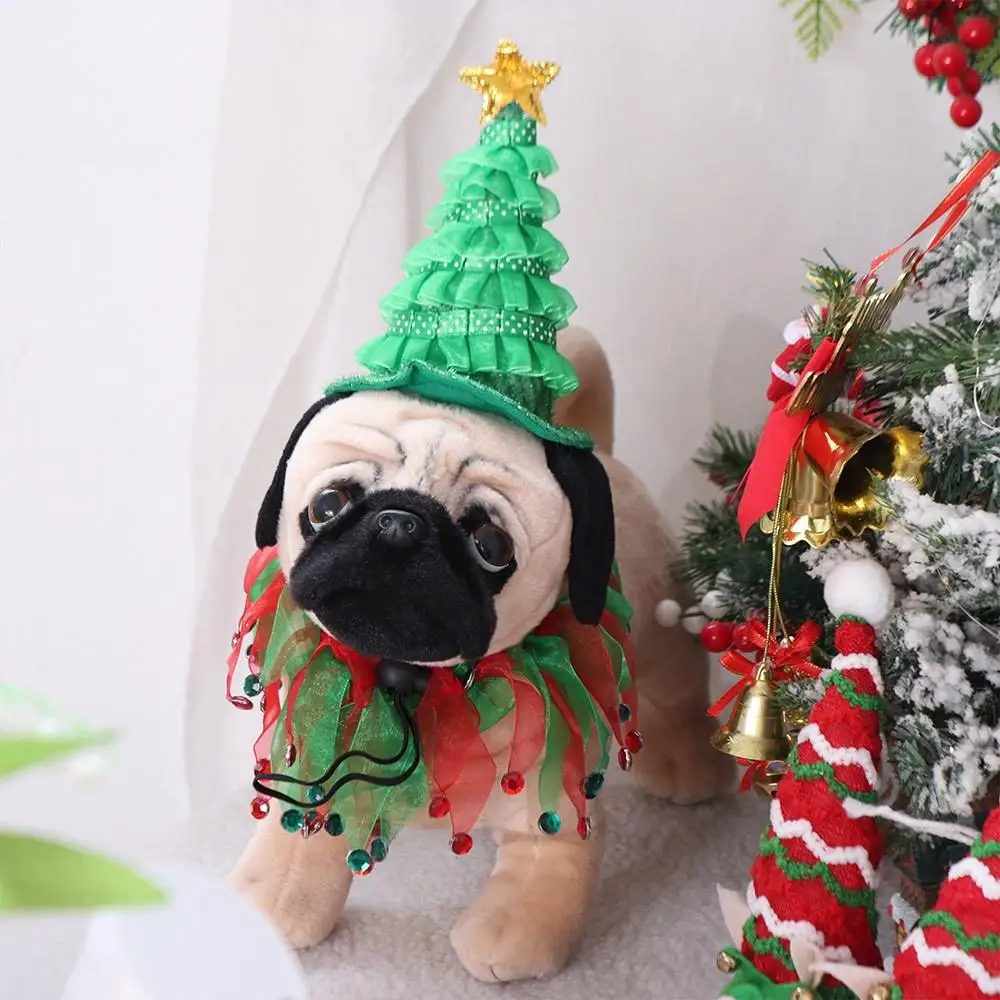 2Pcs Small Dogs Pet Christmas Costume Suit Green Shiny Hat Elastic Strap Kitten Outfit Clothing Elf Hat Dress up Pet Headwear