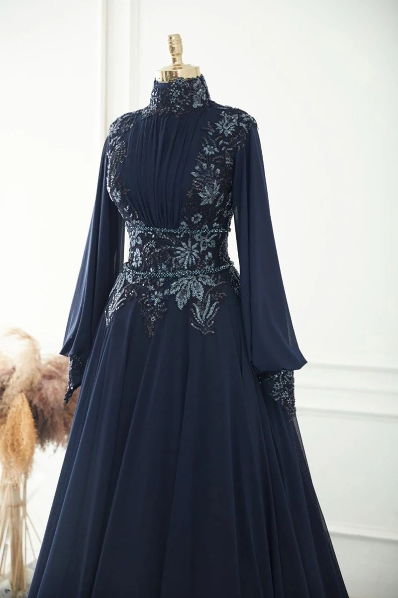 Abiti da sera musulmani a maniche lunghe in chiffon blu navy Caftano marocchino Appliques Hijab Abito da festa formale Collo alto Robe De Soiree