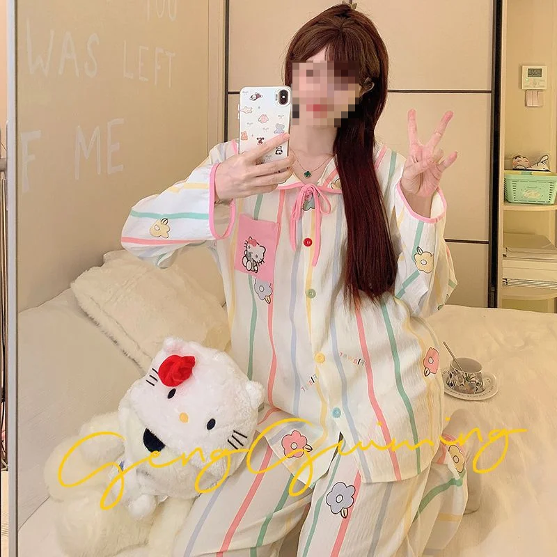 

Sanrio Hello Kitty, пижамы для молодых девушек, кавайные студенческие осенне-зимние пижамы с длинными рукавами и длинными брюками, комплект домашней одежды для отдыха, новый