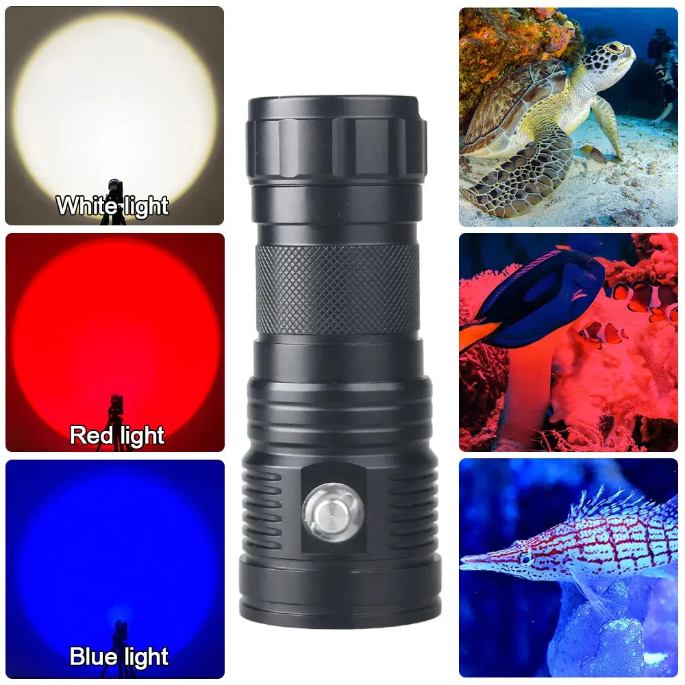 Neue leistungs starke wasserdichte Taucht aschen lampe rot/weiß/blau Licht 6000lm Unterwasser Tauch licht Taschenlampe Batterie