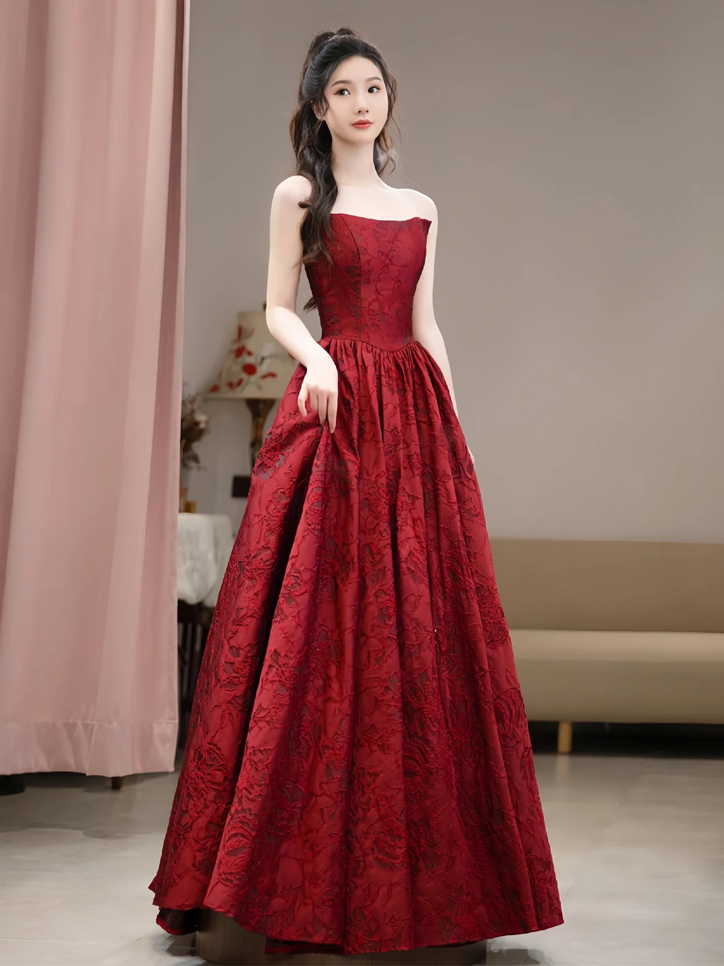 

Красное атласное свадебное платье для женщин, костюм для церемонии помолвки, роскошное вечернее платье в пол с А-образной юбкой