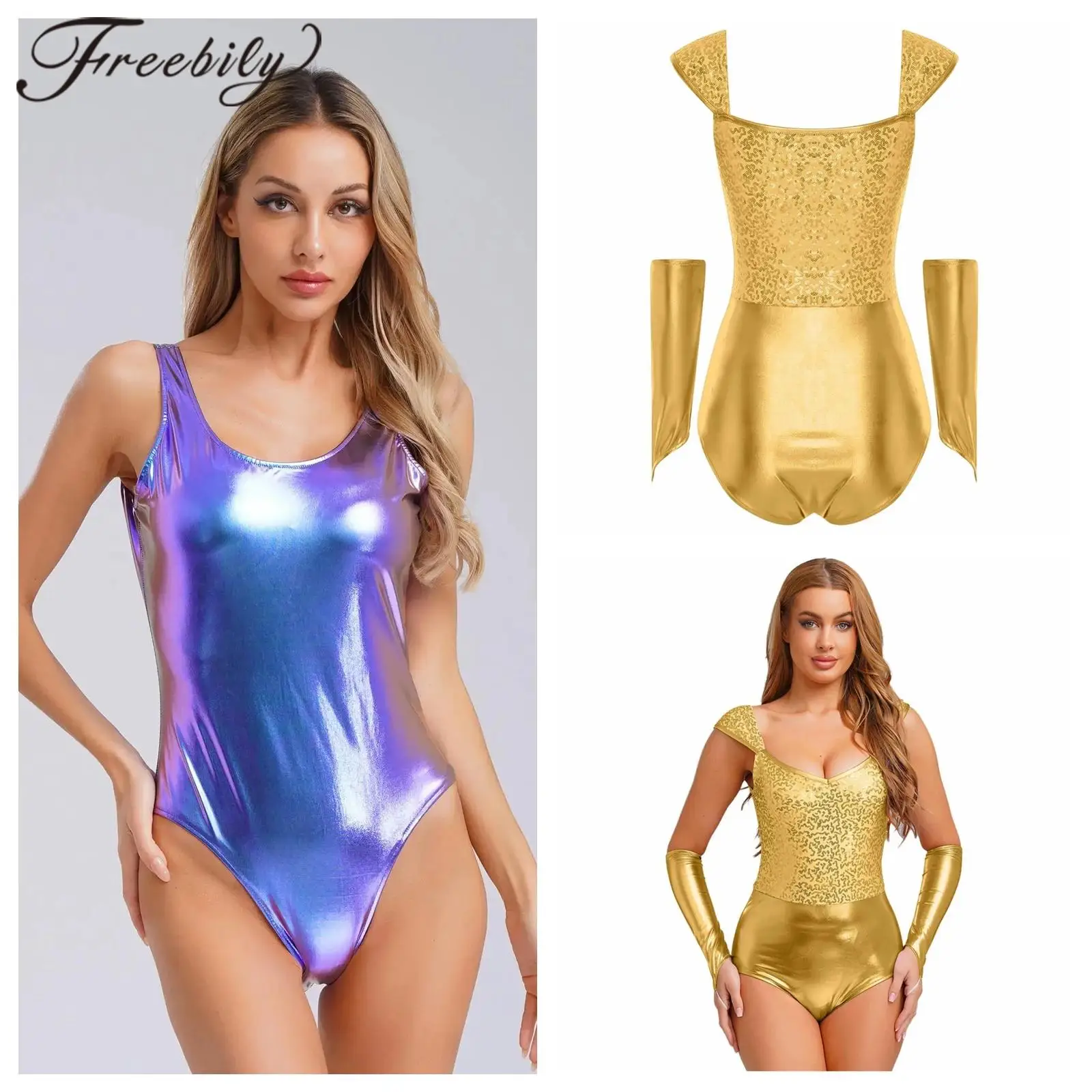 

Women's One-piece Shiny Bodysuit Rhythmic Gymnastics Jumpsuit Glittery Sequins Metallic Ballet Leotard Rave Disco Party Clubwear