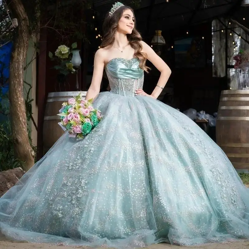 

Luxury Aqua Blue Shiny Princess Quinceanera Dresses Off The Shoulder Beading Appliques Lace Tull Party Dress Elegent Sweet