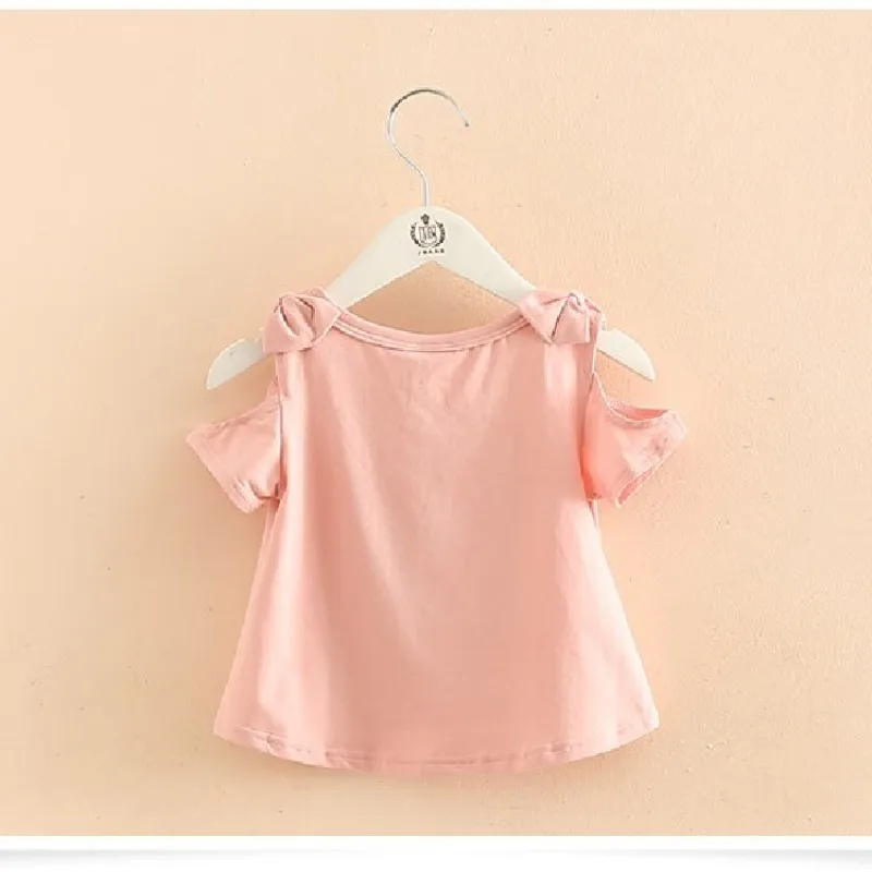 2023 Summer New Design 2 3 4 5 6 8 10 Years Cotton Short Sleeve O-Neck Strapless Off-Shoulder Floral Cute Kids Baby Girl T-Shirt