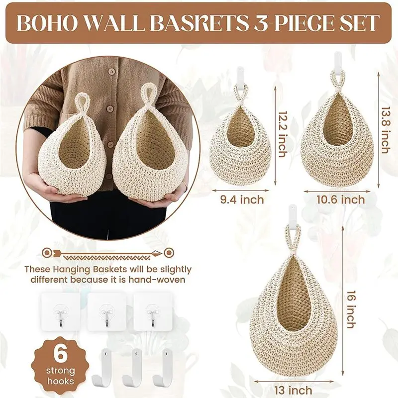 2026 سلال فواكه معلقة جديدة للمطبخ - 3 عبوات سلة معلقة على الحائط بوهو مع 6 قطع خطاف لتخزين الفواكه والخضروات والبطاطس #6