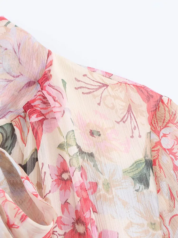 Spring new women's clothing European and American style French fashion temperament design printed belted midi dress