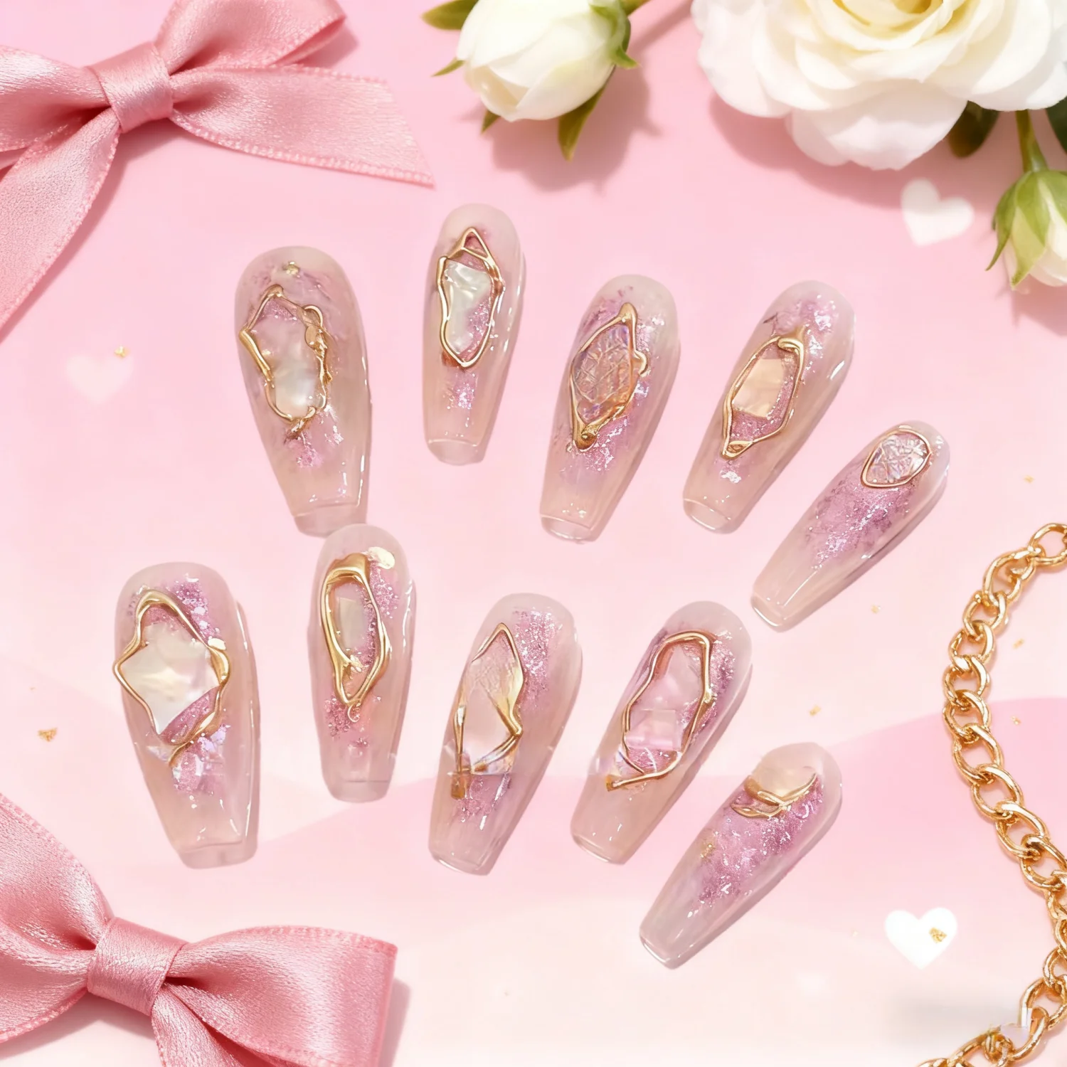 10個入り 取り外し可能なミディアムスイートピンクの付け爪 バレエ グラデーション グリッター ハンドメイド フルカバー フェイクネイル アート パーティー 結婚式用