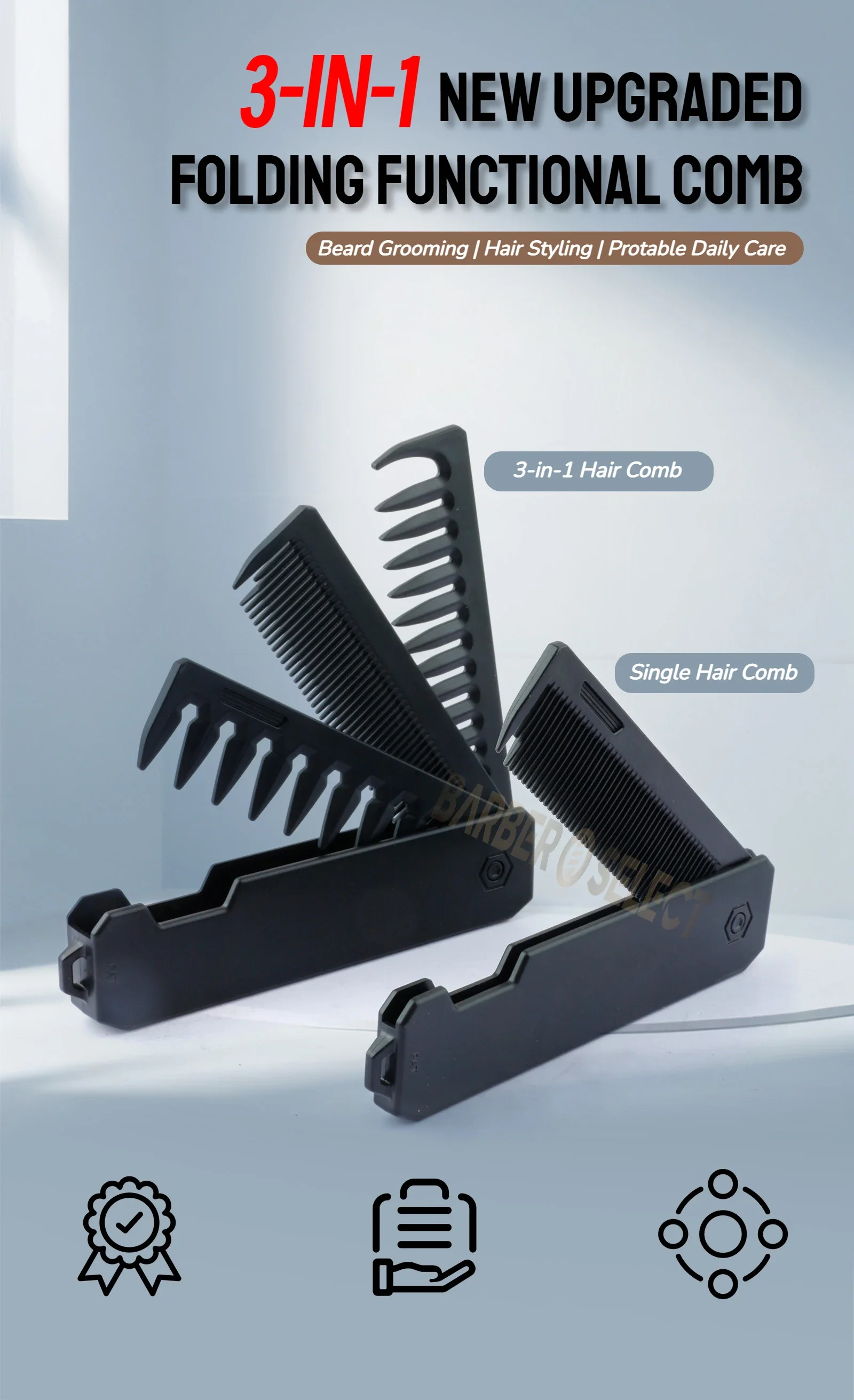 Neuester 1/2/3-in-1 tragbarer Klappkamm, Friseur-Clipper-Kamm, breitzahniger Kamm für Ölhaar, Mini-Bartkamm, Styling-Werkzeug für den Salon. – Detail 5