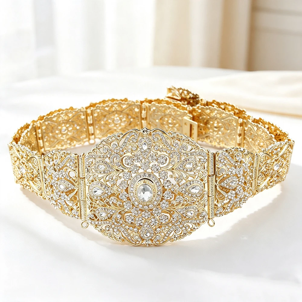 Sunspicems Goldfarbener Marokkanischer Kaftan-Gürtel mit Strasssteinen, Hohlfiligran, Algerische Damen-Taillenkette, Arabischer Brautschmuck für Hochzeiten – Detail 5