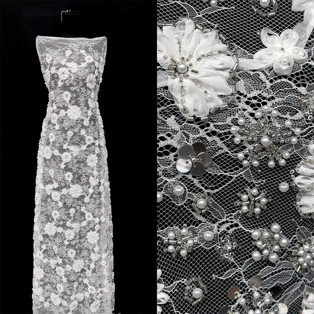 

white Luxury Sequins Beads Lace Fabric With Heavy 3D Embroidery Flower Fabric Fashion French Tulle Mesh Lace Fabric For Dress