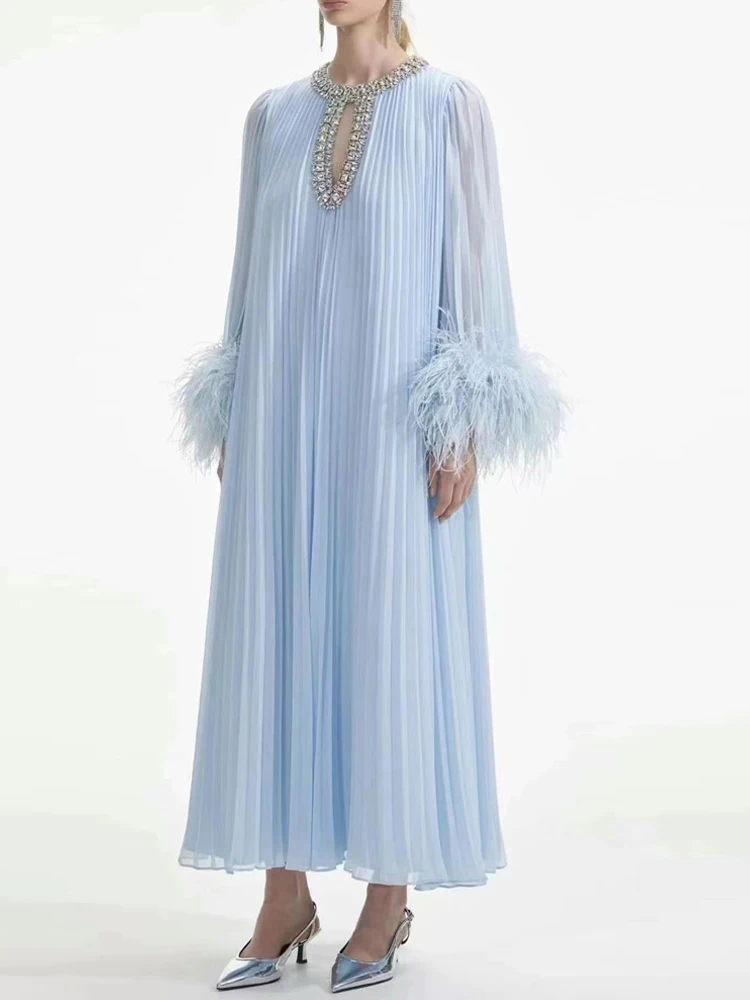 AELESEEN Autumn Loose Long Dress Women Runway Fashion Luxury Beading Diamonds Hollow Out Feathers Casual Pleated Party Holiday