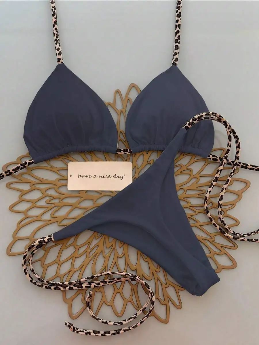 

Dusty Blue Triangle Bikini Set With Leopard Print Adjustable Straps For Beach Vacation