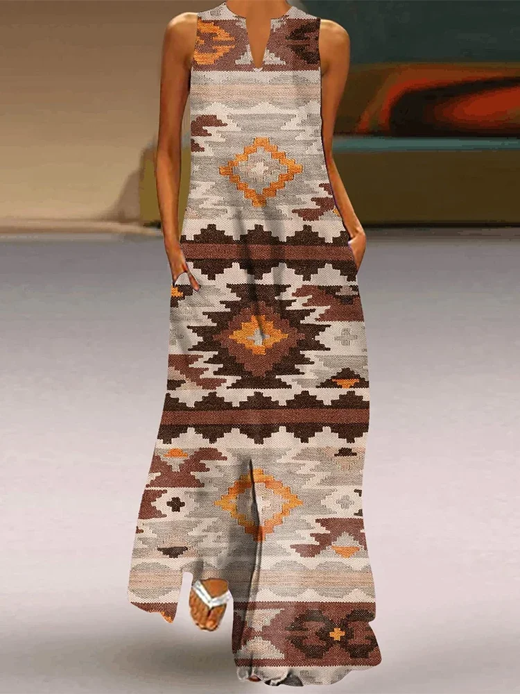 Abito bohémien con stampa geometrica retrò per abito lungo elegante con scollo a V alla moda, abito casual da vacanza, abito da sera per cena da cocktail