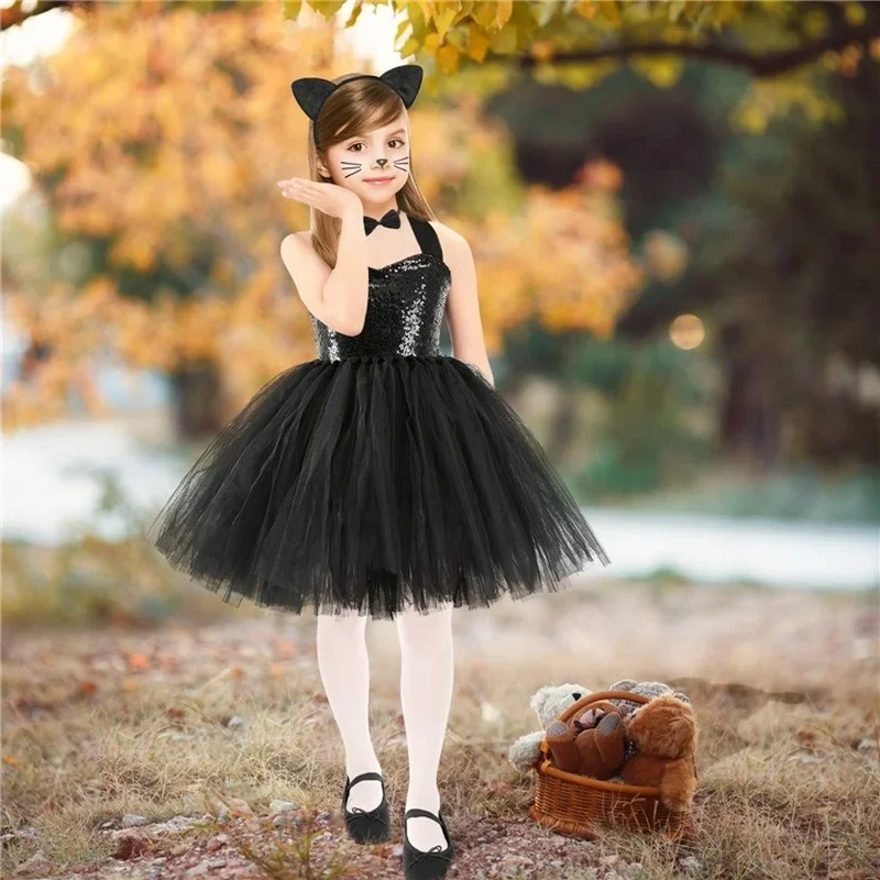 Kid Halloween Party Cosplay Black Cat Ear Headband Hairband Performance Stage Dance Wear Costume Set Clothes