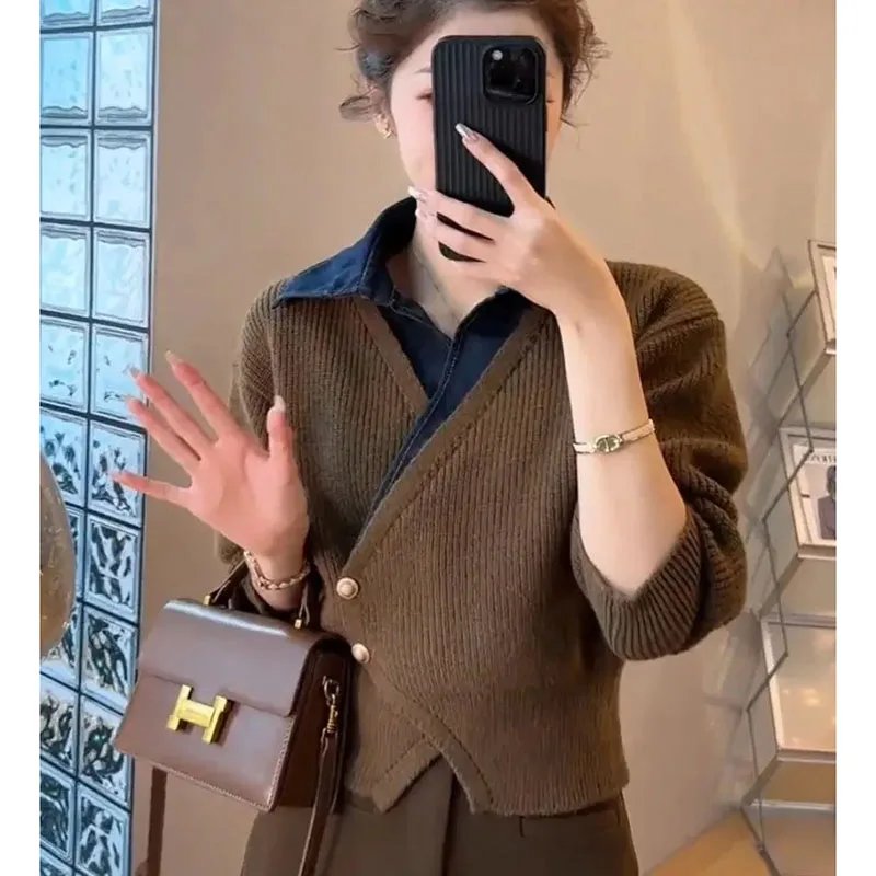 

Spring Autumn Ladies Fashion Short Knitting Women Cowboy Patchwork Knitted Korean Feminine Long Sleeves Pullover Sweater