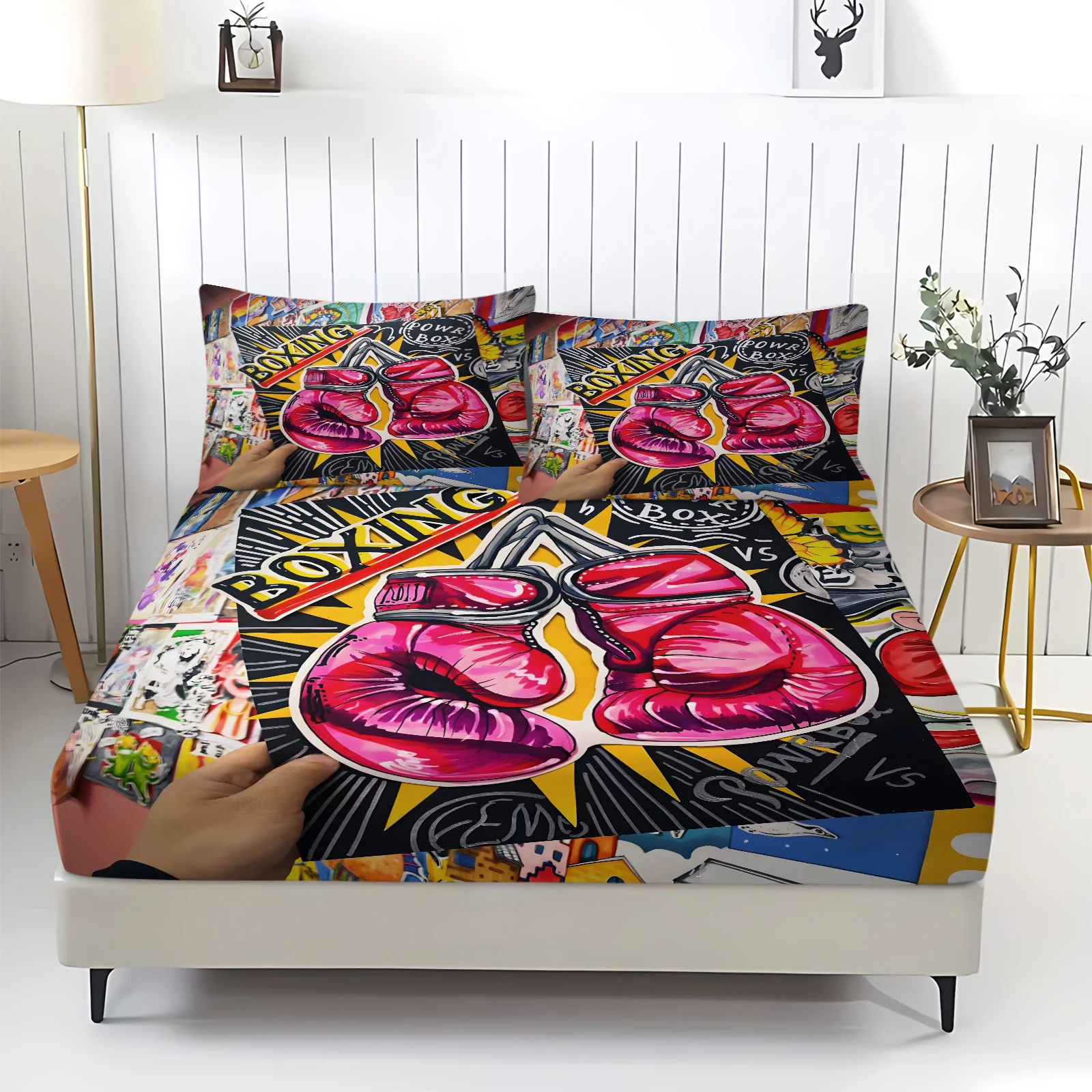 Bright Pink Boxing Gloves Graffiti Fitted Sheet Set With Pillowcases Sports Print Elastic Mattress Cover Decorative Bedding